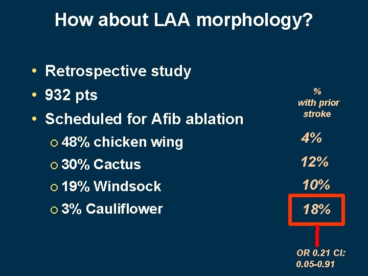 How about LAA morphology? • Retrospective study • 932 pts • Scheduled for Afib