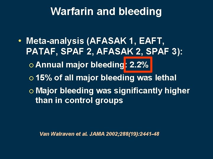 Warfarin and bleeding • Meta-analysis (AFASAK 1, EAFT, PATAF, SPAF 2, AFASAK 2, SPAF