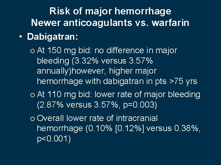 Risk of major hemorrhage Newer anticoagulants vs. warfarin • Dabigatran: ¡ At 150 mg
