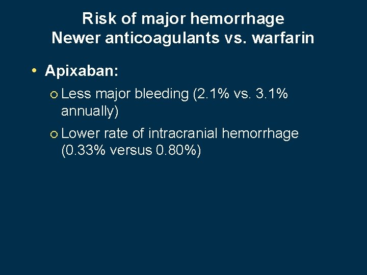Risk of major hemorrhage Newer anticoagulants vs. warfarin • Apixaban: ¡ Less major bleeding