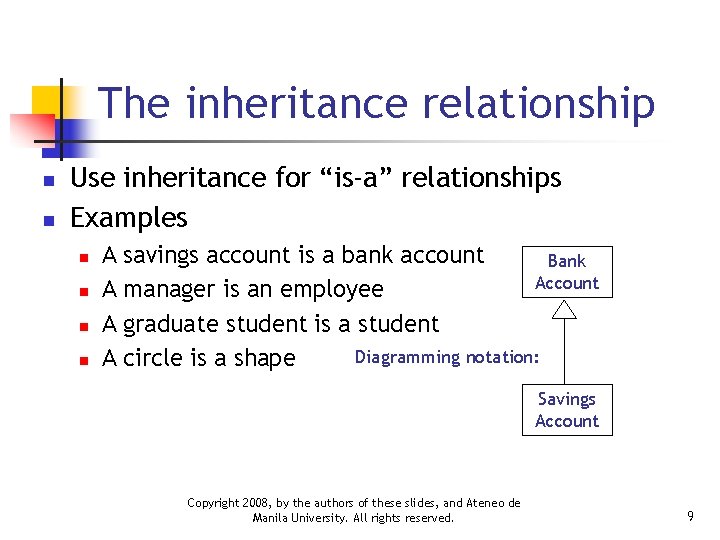The inheritance relationship n n Use inheritance for “is-a” relationships Examples n n A