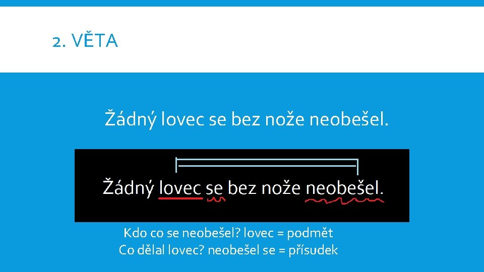 2. VĚTA Žádný lovec se bez nože neobešel. Kdo co se neobešel? lovec =