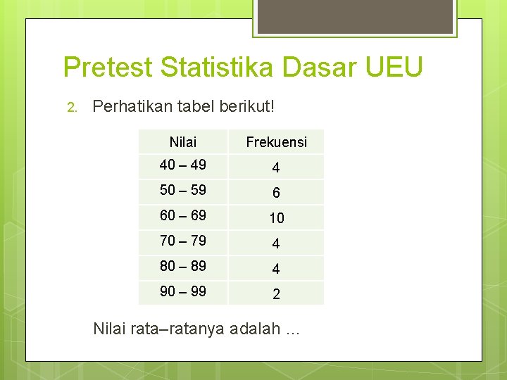 Pretest Statistika Dasar UEU 2. Perhatikan tabel berikut! Nilai Frekuensi 40 – 49 4