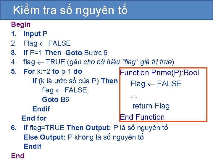 Kiểm tra số nguyên tố Begin 1. Input P 2. Flag FALSE 3. If