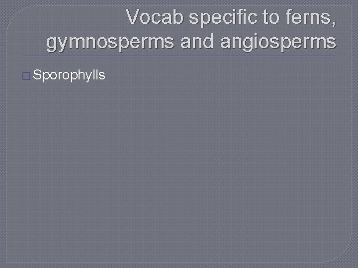 Vocab specific to ferns, gymnosperms and angiosperms � Sporophylls 
