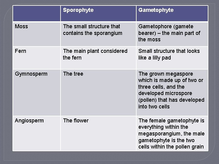 Sporophyte Gametophyte Moss The small structure that contains the sporangium Gametophore (gamete bearer) –