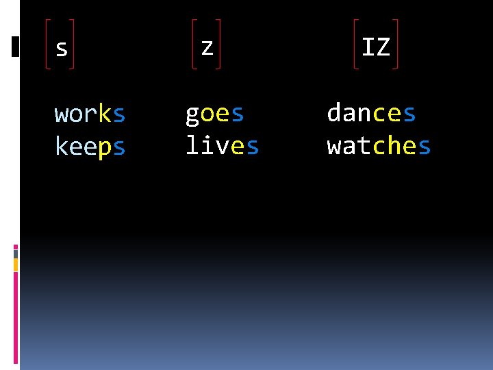 s works keeps z goes lives IZ dances watches 