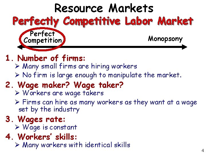 Resource Markets Perfectly Competitive Labor Market Perfect Competition Monopsony 1. Number of firms: Ø