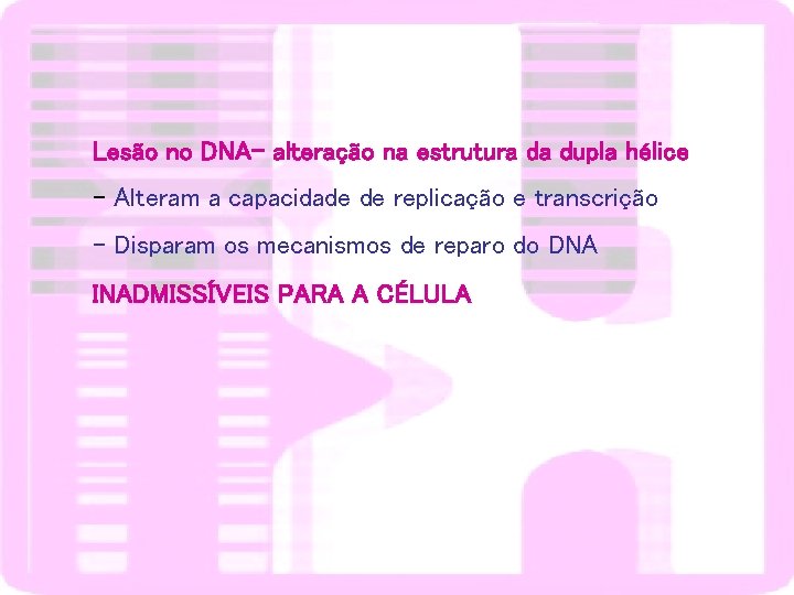 Lesão no DNA- alteração na estrutura da dupla hélice - Alteram a capacidade de