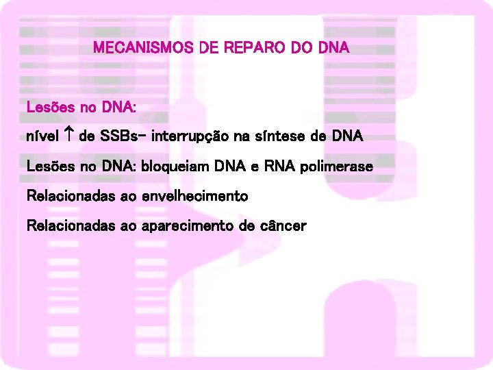 MECANISMOS DE REPARO DO DNA Lesões no DNA: nível de SSBs- interrupção na síntese