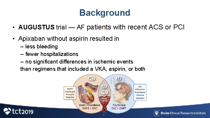 Background • AUGUSTUS trial — AF patients with recent ACS or PCI • Apixaban