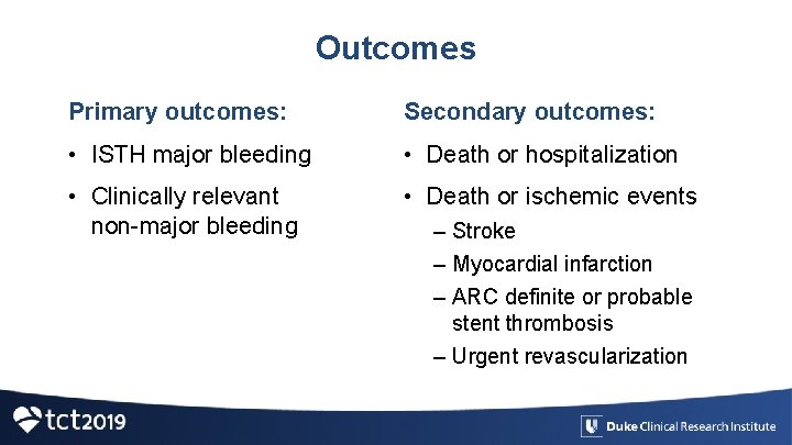 Outcomes Primary outcomes: Secondary outcomes: • ISTH major bleeding • Death or hospitalization •