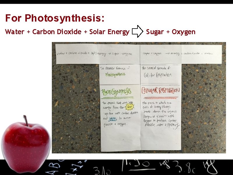 For Photosynthesis: Water + Carbon Dioxide + Solar Energy Sugar + Oxygen 