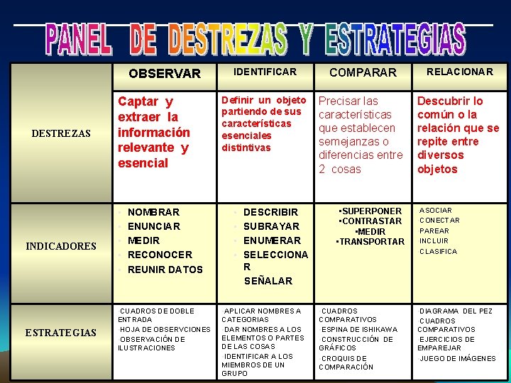 OBSERVAR DESTREZAS INDICADORES ESTRATEGIAS Captar y extraer la información relevante y esencial • •