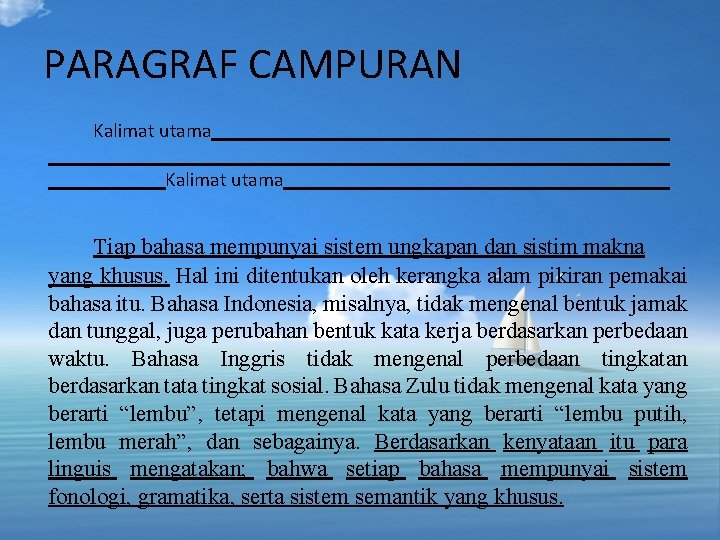 PARAGRAF CAMPURAN Kalimat utama Tiap bahasa mempunyai sistem ungkapan dan sistim makna yang khusus. PARAGRAF CAMPURAN Kalimat utama Tiap bahasa mempunyai sistem ungkapan dan sistim makna yang khusus.