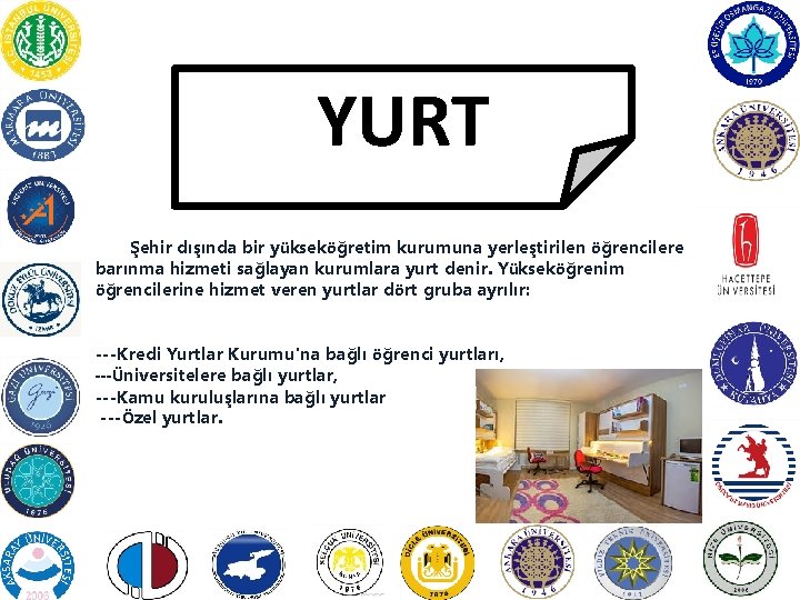 YURT Şehir dışında bir yükseköğretim kurumuna yerleştirilen öğrencilere barınma hizmeti sağlayan kurumlara yurt denir.