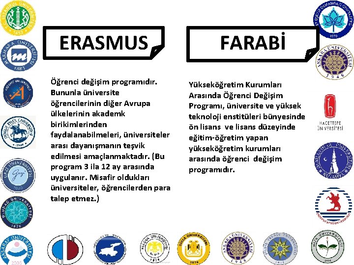 ERASMUS Öğrenci değişim programıdır. Bununla üniversite öğrencilerinin diğer Avrupa ülkelerinin akademk birikimlerinden faydalanabilmeleri, üniversiteler