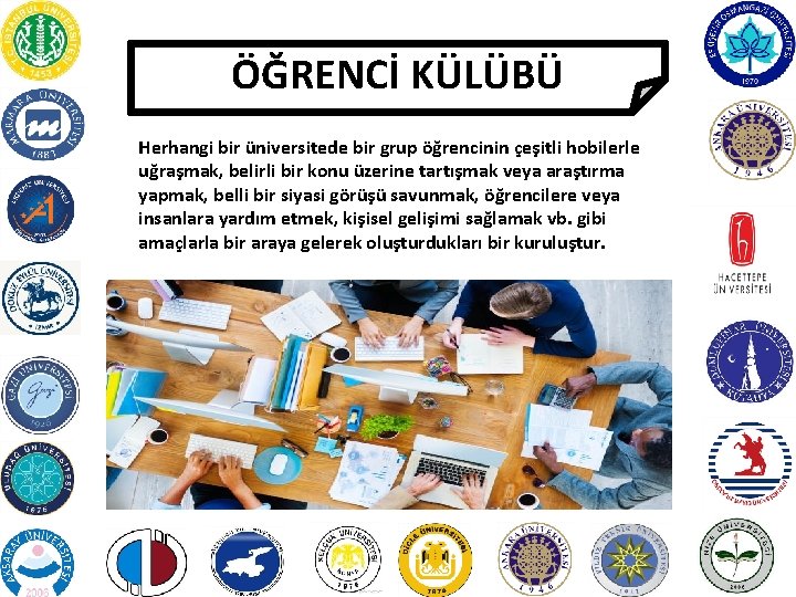 ÖĞRENCİ KÜLÜBÜ Herhangi bir üniversitede bir grup öğrencinin çeşitli hobilerle uğraşmak, belirli bir konu