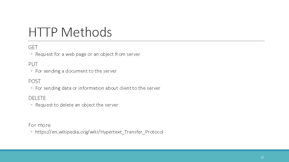 HTTP Methods GET ◦ Request for a web page or an object from server