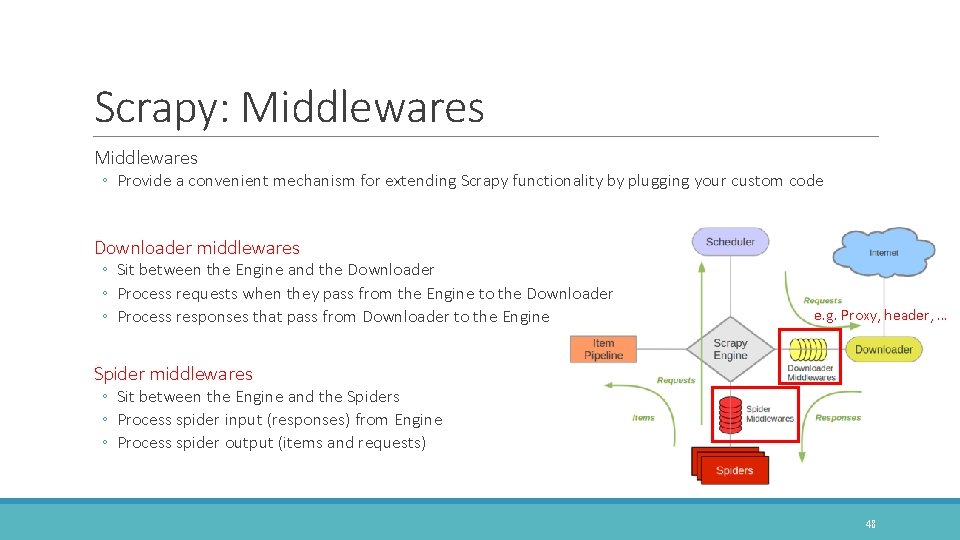 Scrapy: Middlewares ◦ Provide a convenient mechanism for extending Scrapy functionality by plugging your