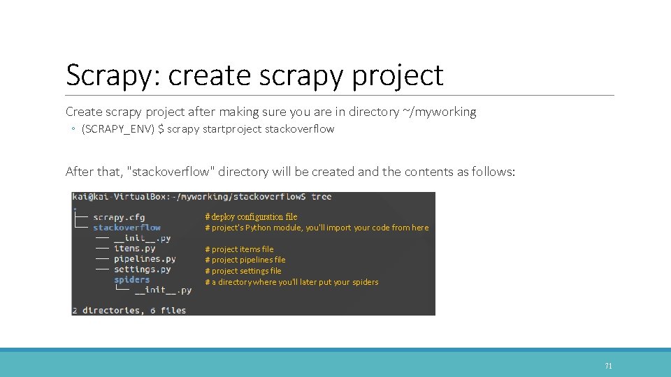 Scrapy: create scrapy project Create scrapy project after making sure you are in directory