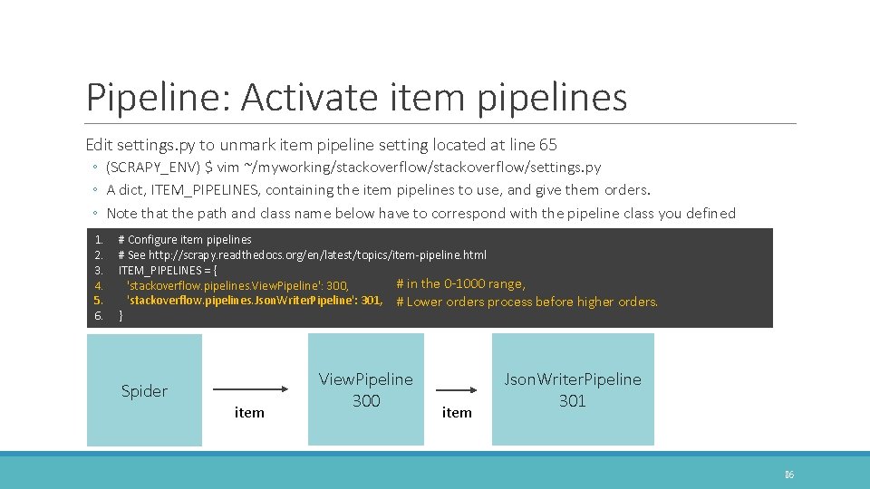 Pipeline: Activate item pipelines Edit settings. py to unmark item pipeline setting located at