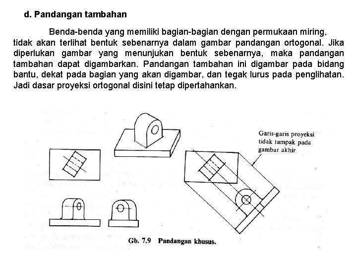 d. Pandangan tambahan Benda-benda yang memiliki bagian-bagian dengan permukaan miring, tidak akan terlihat bentuk