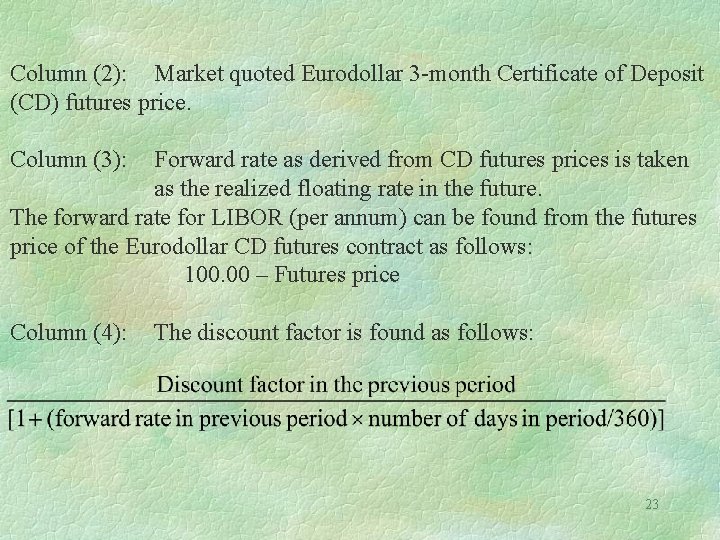 Column (2): Market quoted Eurodollar 3 -month Certificate of Deposit (CD) futures price. Column