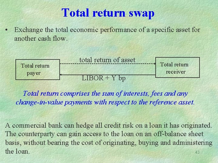 Total return swap • Exchange the total economic performance of a specific asset for