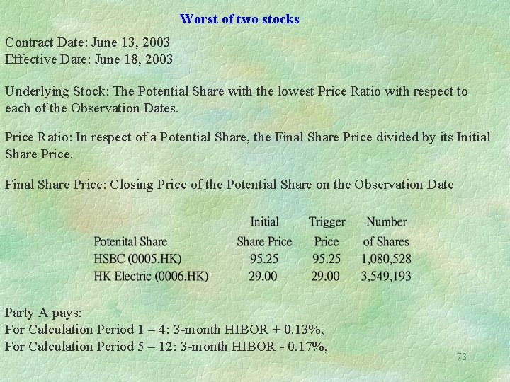 Worst of two stocks Contract Date: June 13, 2003 Effective Date: June 18, 2003