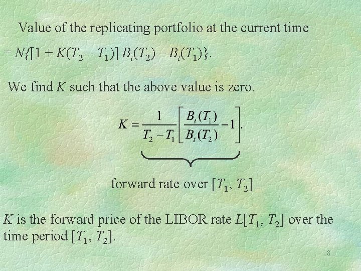 Value of the replicating portfolio at the current time = N{[1 + K(T 2