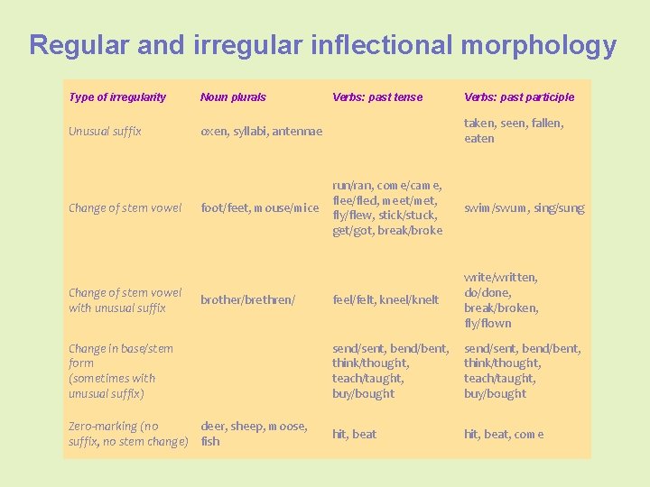 Regular and irregular inflectional morphology Type of irregularity Noun plurals Unusual suffix oxen, syllabi,