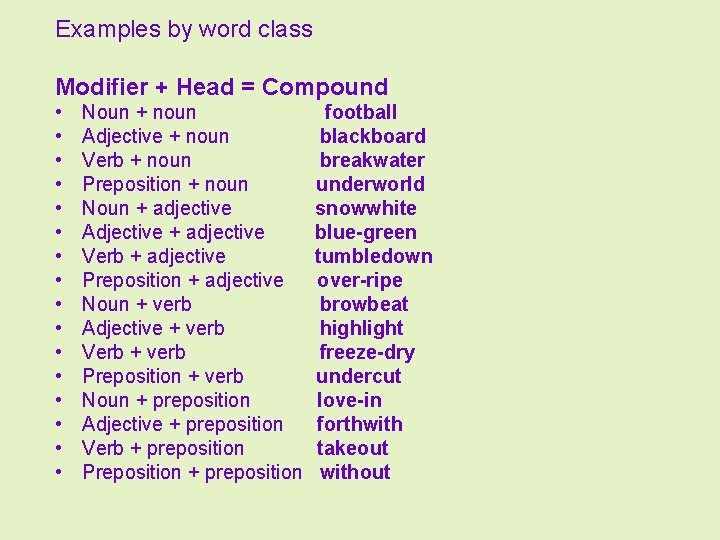 Examples by word class Modifier + Head = Compound • • • • Noun