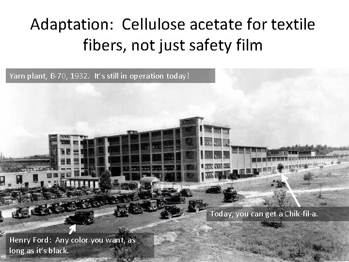 Adaptation: Cellulose acetate for textile fibers, not just safety film Yarn plant, B-70, 1932.