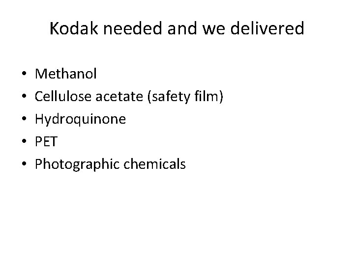 Kodak needed and we delivered • • • Methanol Cellulose acetate (safety film) Hydroquinone