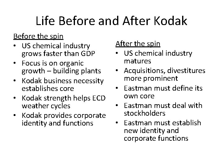 Life Before and After Kodak Before the spin • US chemical industry grows faster