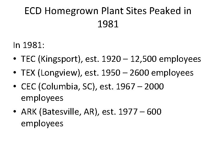 ECD Homegrown Plant Sites Peaked in 1981 In 1981: • TEC (Kingsport), est. 1920
