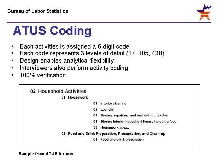 Bureau of Labor Statistics ATUS Coding • • • Each activities is assigned a