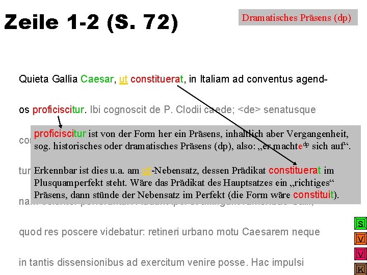 Zeile 1 -2 (S. 72) Dramatisches Präsens (dp) Quieta Gallia Caesar, ut constituerat, in