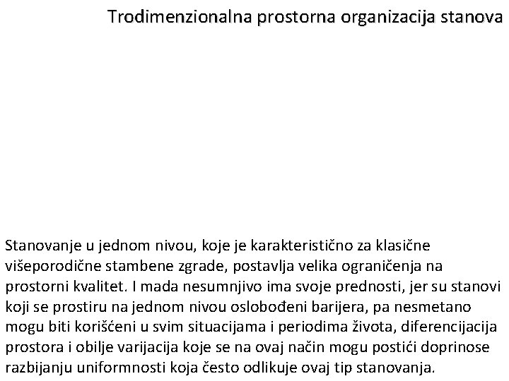 Trodimenzionalna prostorna organizacija stanova Stanovanje u jednom nivou, koje je karakteristično za klasične višeporodične