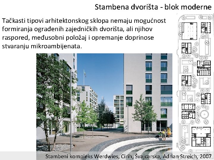 Stambena dvorišta - blok moderne Tačkasti tipovi arhitektonskog sklopa nemaju mogućnost formiranja ograđenih zajedničkih