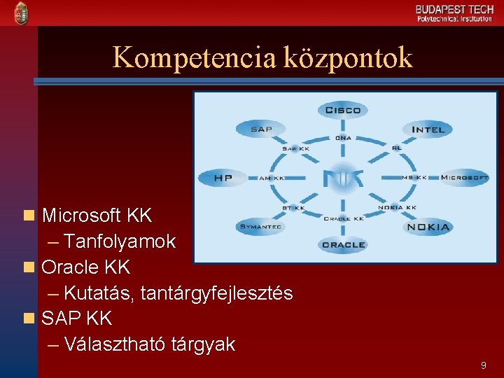 Kompetencia központok n Microsoft KK – Tanfolyamok n Oracle KK – Kutatás, tantárgyfejlesztés n