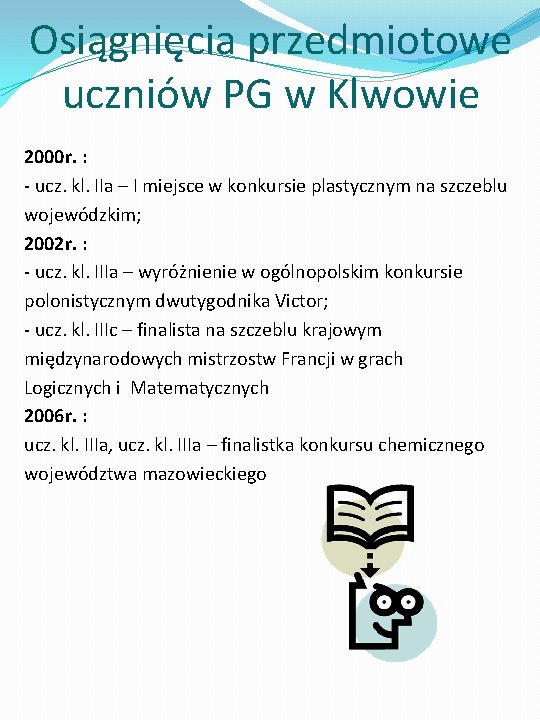 Osiągnięcia przedmiotowe uczniów PG w Klwowie 2000 r. : - ucz. kl. IIa –