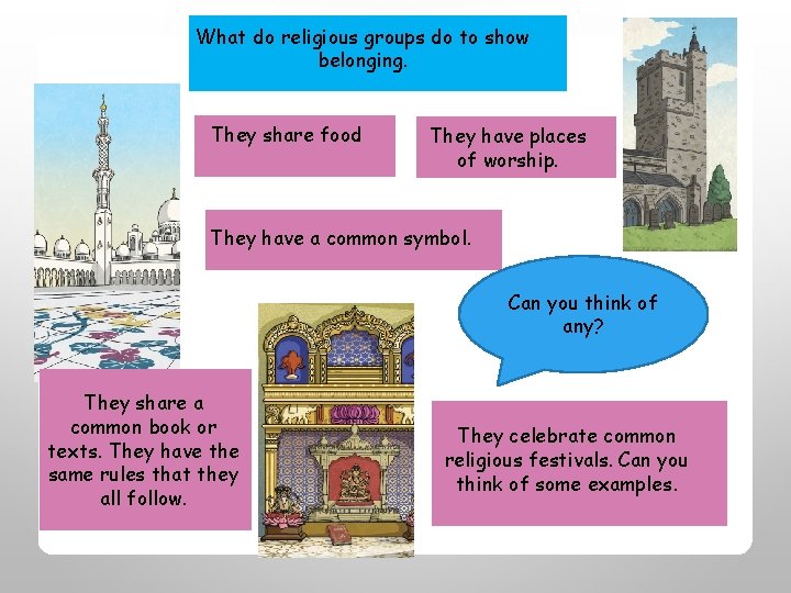 What do religious groups do to show belonging. They share food They have places