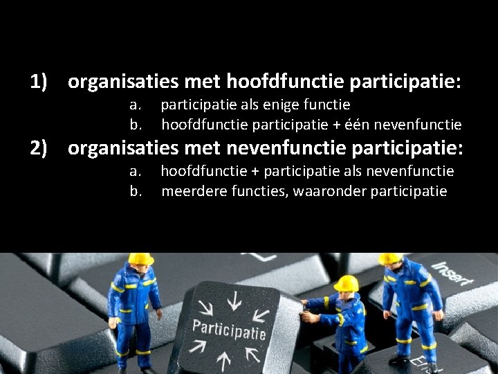 1) organisaties met hoofdfunctie participatie: a. participatie als enige functie b. hoofdfunctie participatie +