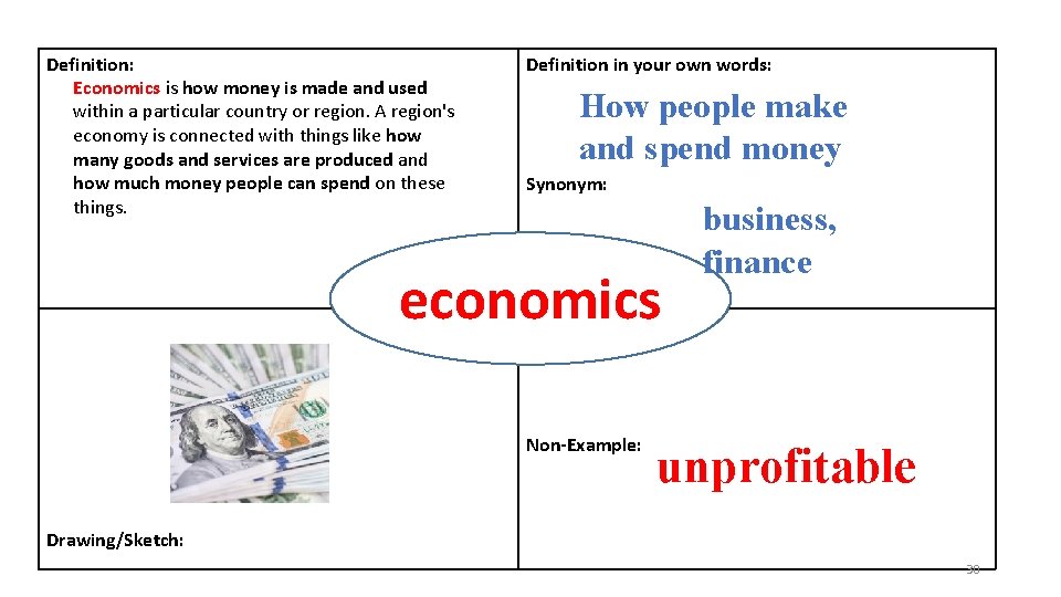 Definition: Economics is how money is made and used within a particular country or