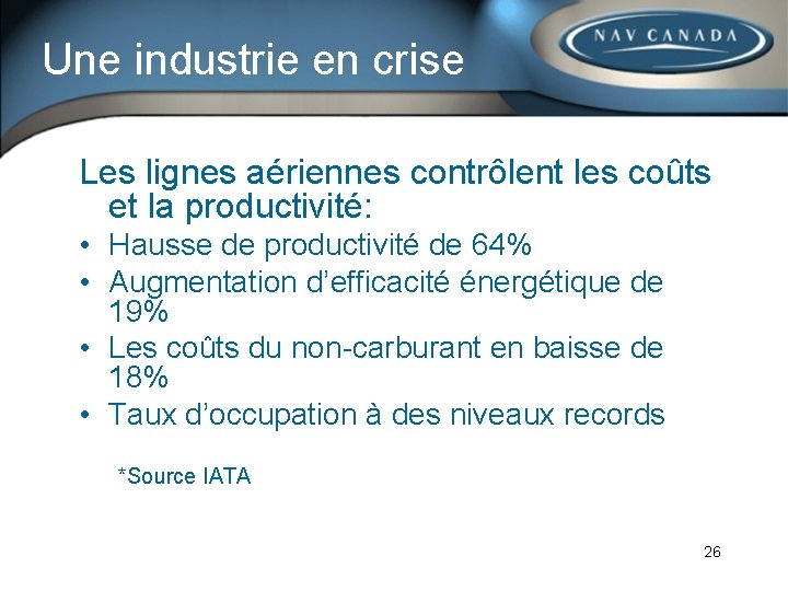 Une industrie en crise Les lignes aériennes contrôlent les coûts et la productivité: •