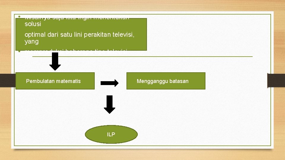  • Misalnya saja kita ingin menentukan solusi • optimal dari satu lini perakitan