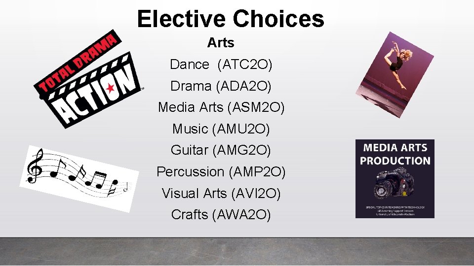 Elective Choices Arts Dance (ATC 2 O) Drama (ADA 2 O) Media Arts (ASM