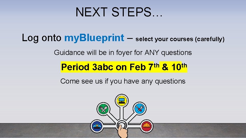 NEXT STEPS… Log onto my. Blueprint – select your courses (carefully) Guidance will be